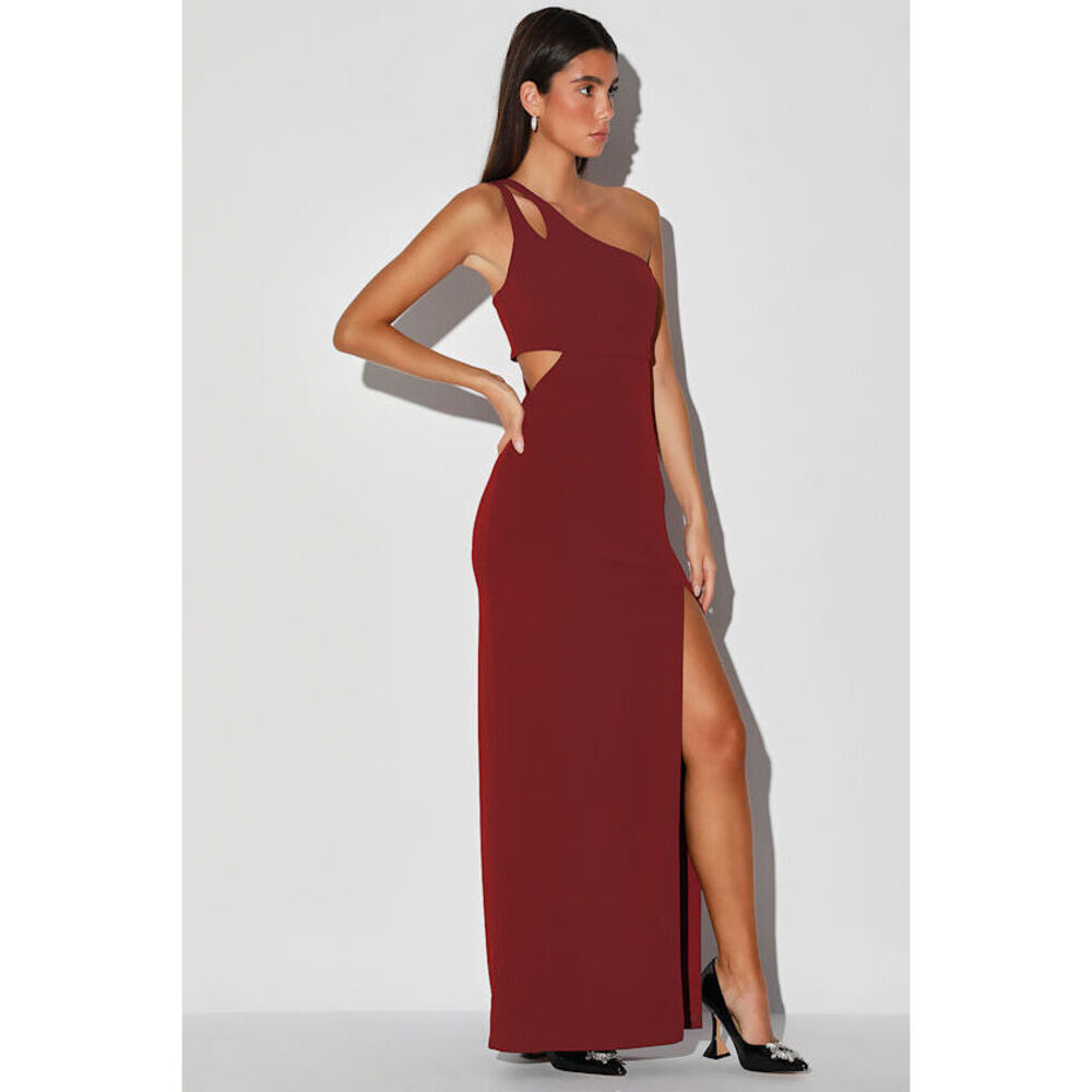 Lulus Simply Beautiful Burgundy One-shoulder Cutout Maxi Dress Red - Size S